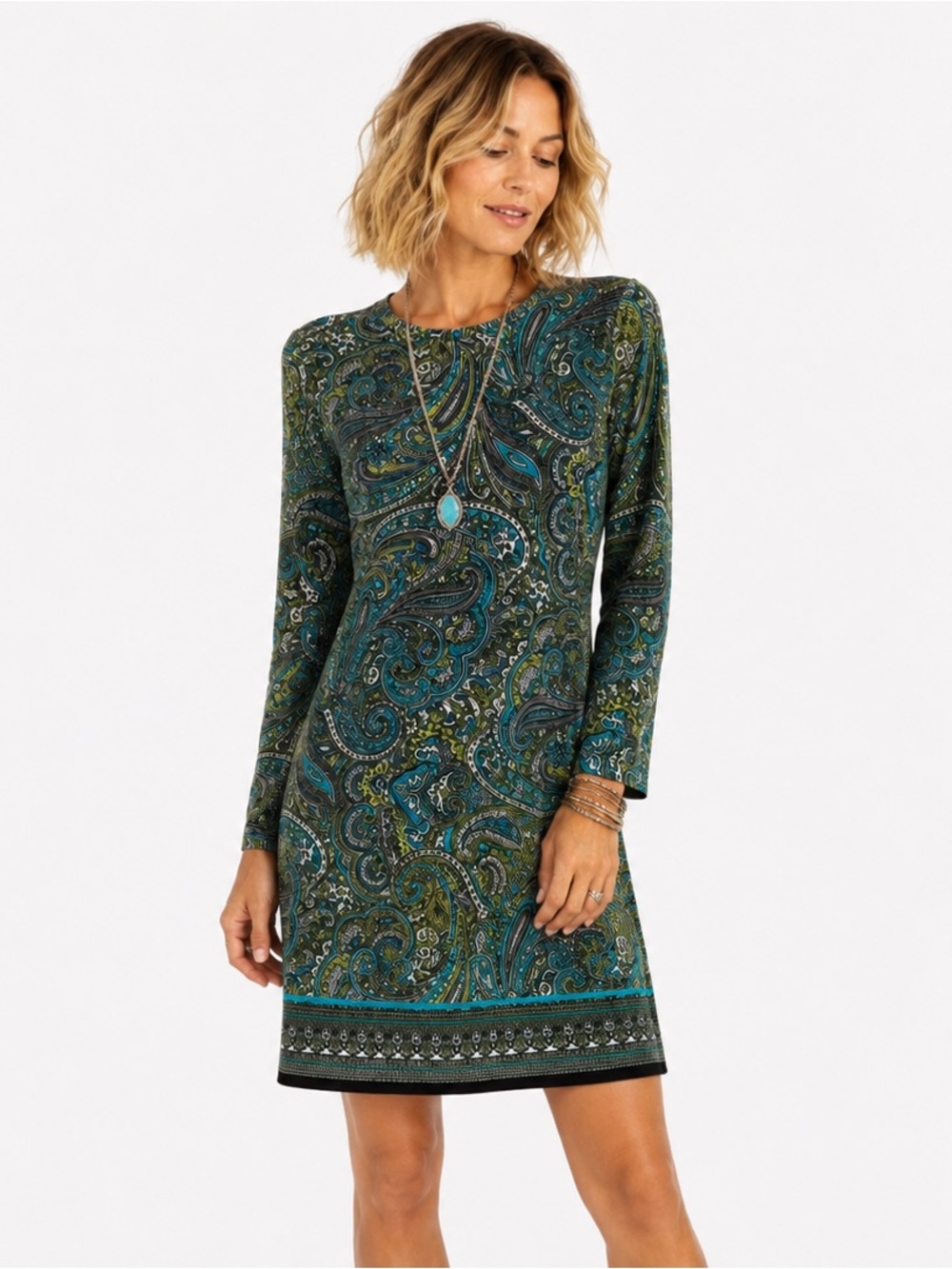 Michael Kors Paisley Long-Sleeve Shift Dress in Teal and Green Sz S